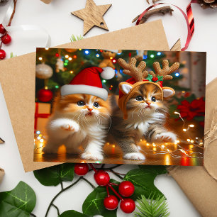 Carte Postale Cute chatons avec le Père Noël et casquettes de re