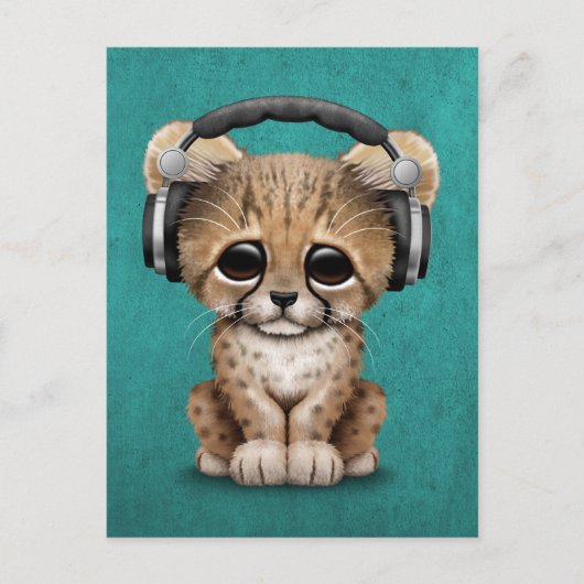 Carte Postale Cute Cheetah Cub Dj Porte un casque bleu (Devant)