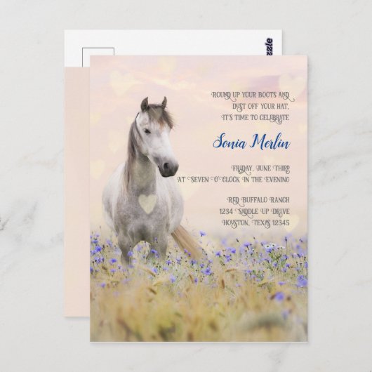 Carte Postale Cute Cheval Blanc Violet Fleur Feminine Chic (Devant / Derrière)