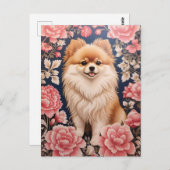 Carte Postale Cute Chien Poméranien Rose Floral (Devant / Derrière)