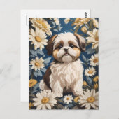 Carte Postale Cute Chih Tzu Chien Blanc Fleurs De Faisée (Devant / Derrière)