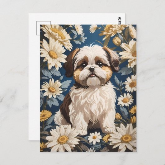 Carte Postale Cute Chih Tzu Chien Blanc Fleurs De Faisée (Devant / Derrière)