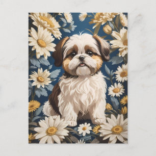 Carte Postale Cute Chih Tzu Chien Blanc Fleurs De Faisée