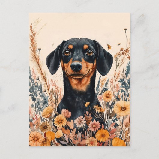 Carte Postale Cute Dachshund avec peinture Fleur sauvage (Devant)