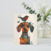 Carte Postale Cute Dachshund avec un oiseau peint main (Debout devant)