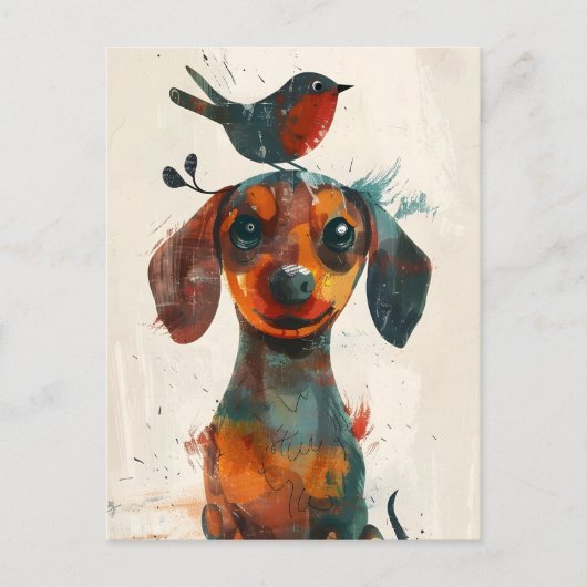 Carte Postale Cute Dachshund avec un oiseau peint main (Devant)