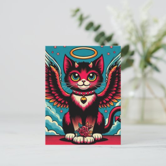 Carte Postale Cute Devil Angel Kitty avec ailes (Debout devant)