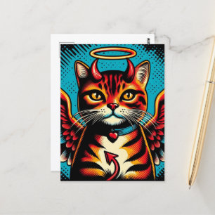 Carte Postale Cute Devil Angel Kitty avec ailes Comédie Style de