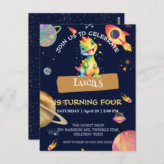 Carte Postale Cute Dinosaur arc-en-ciel Galaxy espace fête d'ann (Devant / Derrière)