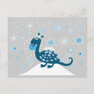 Carte Postale Cute Dinosaur Jouer dans la neige!