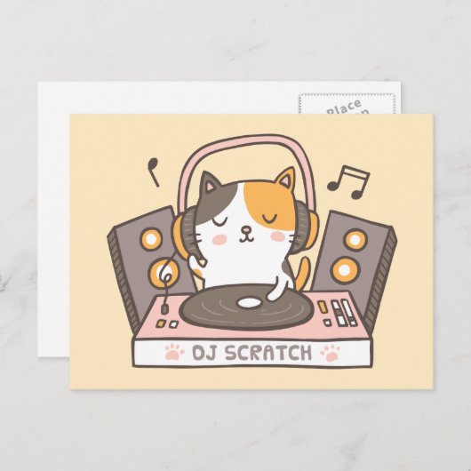 Carte postale Cute DJ Scratch Kitty Cat Pun (Devant / Derrière)