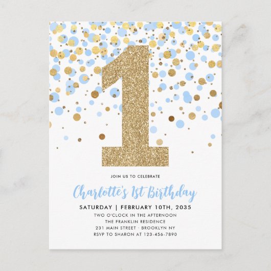 Carte Postale Cute Dusty Blue Gold Parties scintillant Confetti (Devant)