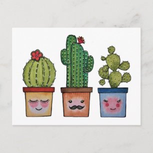 Carte Postale Cute Famille Cactus En Aquarelle
