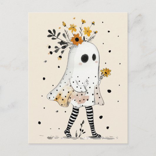 Carte Postale Cute Fantôme avec tournesol Halloween Whimsical (Devant)