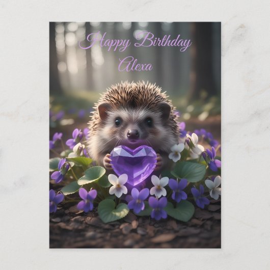 Carte Postale Cute February Hedgehog with Amethyst Heart (Devant)