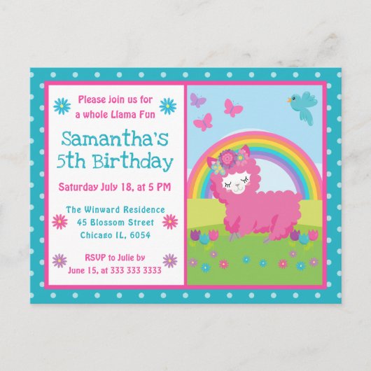 Carte Postale Cute Floral Pink Rainbow Llama Birthday (Devant)