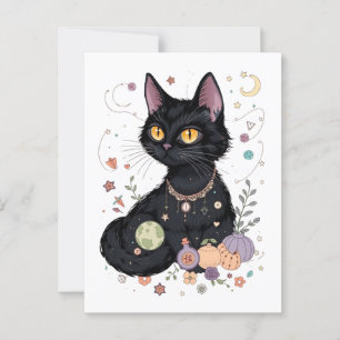 Carte Postale Cute Fluffy Chat Noir Avec Cadeaux Magiques