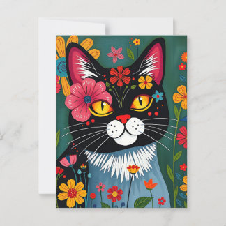 Carte Postale Cute Folk Art Whimsical Chat et Fleurs