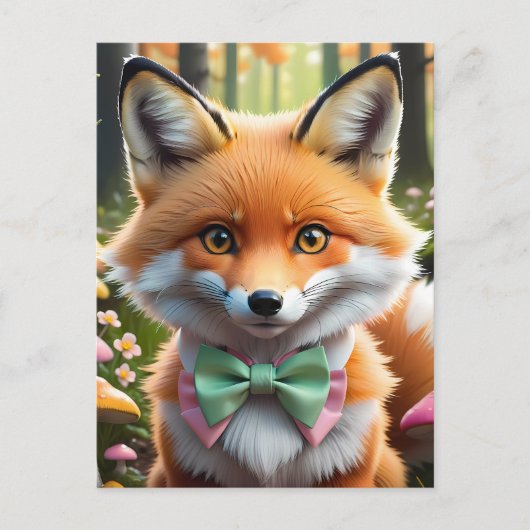 Carte Postale Cute Fox avec arc vert et rose (Devant)