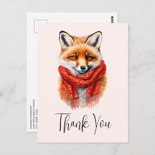 Carte Postale Cute Fox in a Red Scarf Autumn Image Thank You (Devant / Derrière)