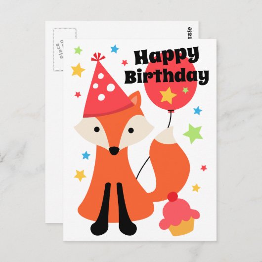 Carte Postale Cute fox with balloon cupcake star joythday (Devant / Derrière)