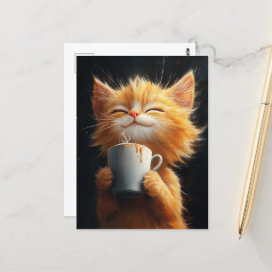 Carte Postale Cute Ginger Kitty avec café