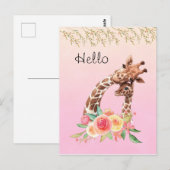 Carte Postale Cute Giraffe Aquarelle Maman & Bébé Bonjour (Devant / Derrière)