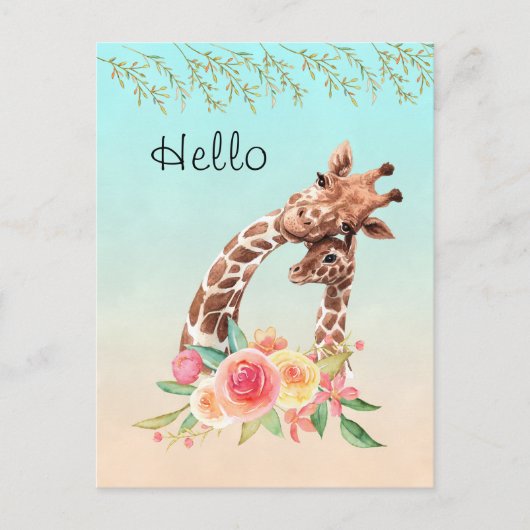 Carte Postale Cute Giraffe Aquarelle Maman & Bébé Bonjour (Devant)
