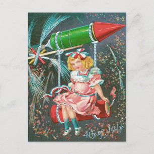 Carte Postale Cute Girl Swing Bottle Rocket Firecracker