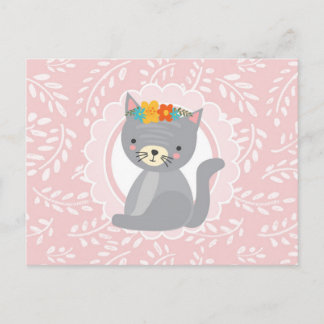 Carte Postale Cute Gray Kitten Pink White Cat