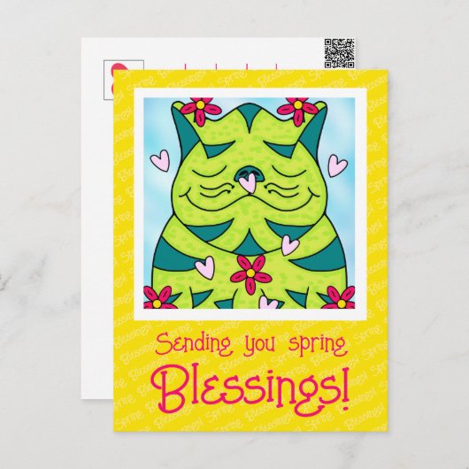 Carte Postale Cute Grenouille Verte Chat Avec Fleurs Blessures P (Devant / Derrière)