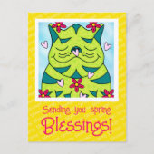 Carte Postale Cute Grenouille Verte Chat Avec Fleurs Blessures P (Devant)