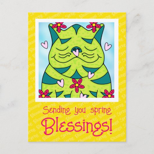 Carte Postale Cute Grenouille Verte Chat Avec Fleurs Blessures P (Devant)