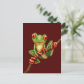 Carte Postale Cute grenouille verte sur une branche sur rouge (Debout devant)