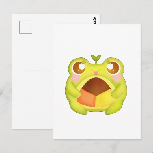 Carte Postale Cute Grenouille verte tenant le biscuit Polvoron m (Devant / Derrière)