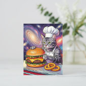Carte Postale Cute Grey Tabby Cat Chef Making Cheeseburger (Debout devant)