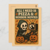 Carte Postale Cute Grim Reaper Manger Pizza Drôle Halloween (Devant / Derrière)