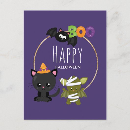 Carte Postale Cute Halloween Chat, chauve-souris et maman Boo (Devant)