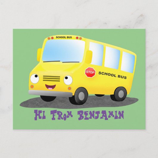 Carte Postale Cute happy yellow school bus cartoon (Devant)