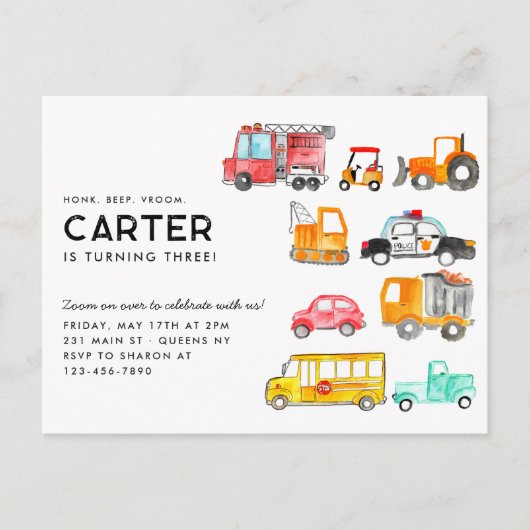 Carte Postale Cute Honk Beep Vroom Anniversaire de enfant du tra (Devant)