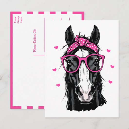 Carte Postale Cute Horse Pink Bandana Bonjour Penser de vous aim (Devant / Derrière)