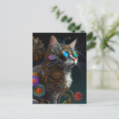 Carte Postale Cute imaginaire steampunk chat et fleurs IA art (Debout devant)