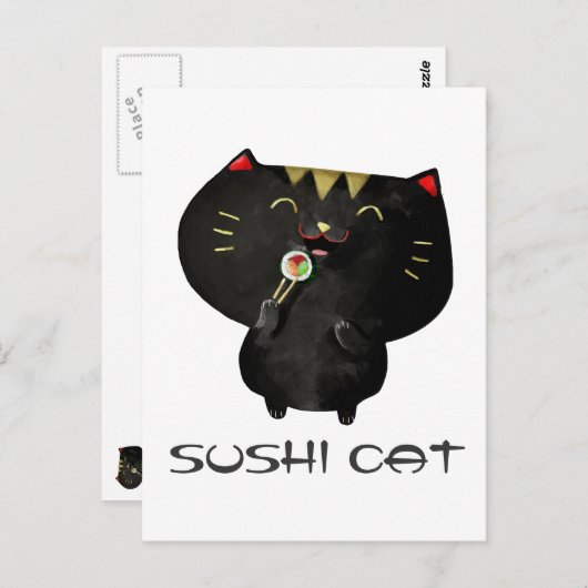 Carte Postale Cute Kawaii Chat Sushi Noir (Devant / Derrière)