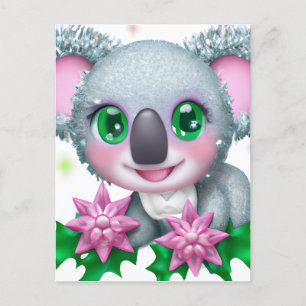 Carte Postale Cute Kawaii Koala Ours avec Fleurs
