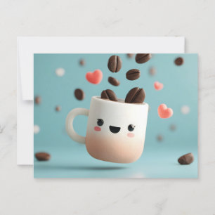 Carte Postale Cute Kawaii Mug de café avec haricots de café flot