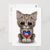 Carte Postale Cute Kitten Chat avec Drapeau Haïtien Coeur, blanc (Devant / Derrière)