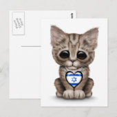 Carte Postale Cute Kitten Chat avec pavillon israélien Coeur, bl (Devant / Derrière)