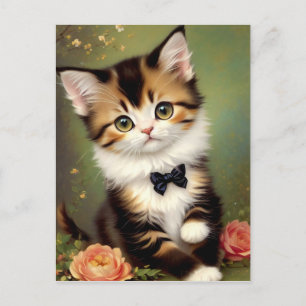 Carte Postale Cute Kitten portant un cou. Peinture vintage à l'h