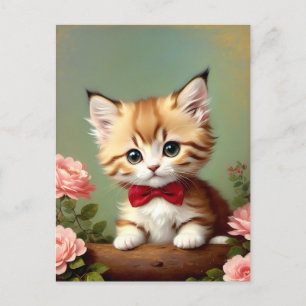 Carte Postale Cute Kitten portant une corne rouge. Peinture à l'