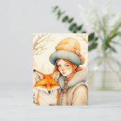 Carte Postale Cute Little Girl With Fox Chritmas  (Debout devant)